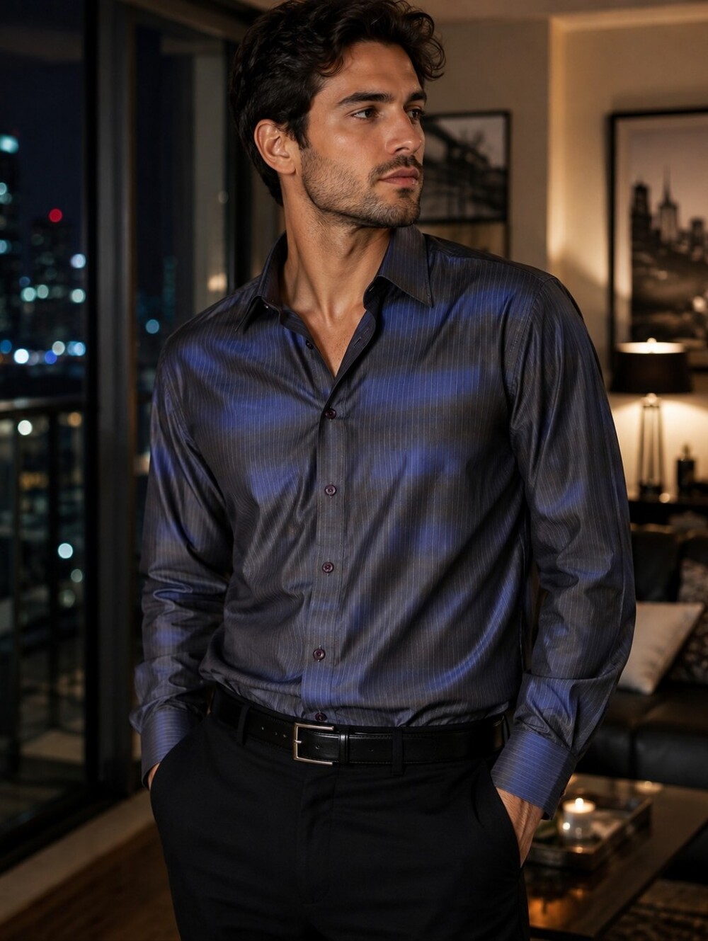 Modango Men’s Blue Charcoal Pinstripe Dress Shirt 22.5” P2P
